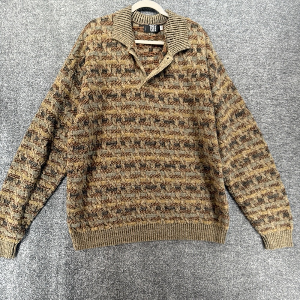 Vintage TSA USA Sweater Mens 2XL Tall Brown Henley Long Sleeve Textured Grandpa